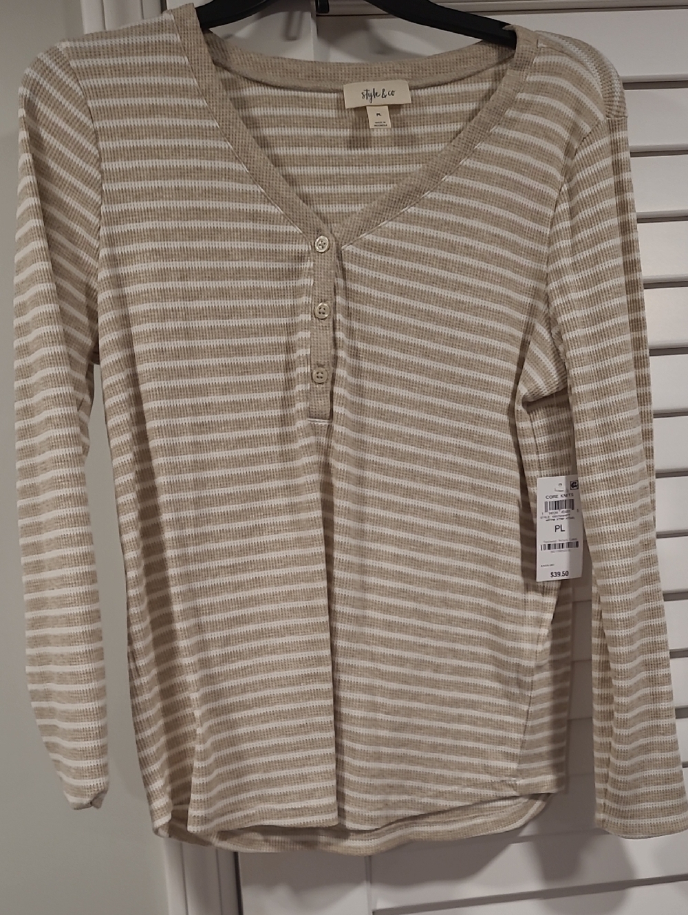 Style & Co. Beige and White Striped Henley Long-Sleeve Top
